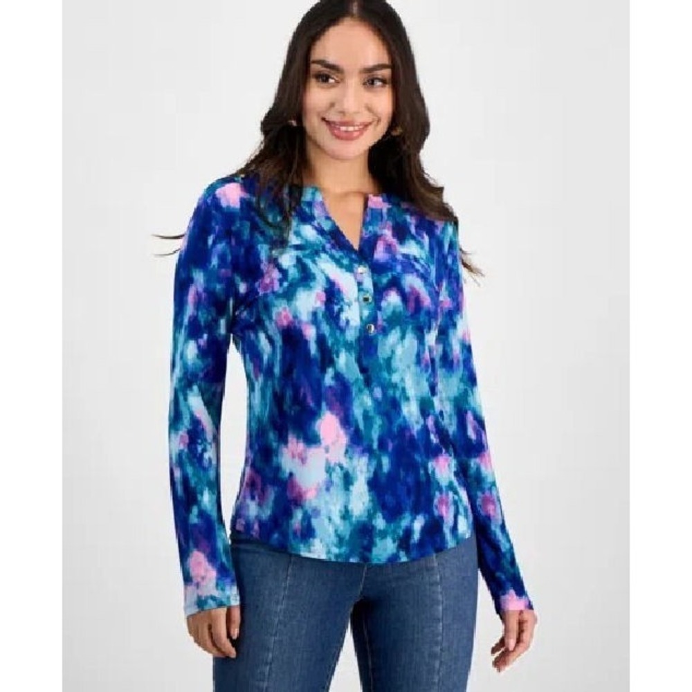 I.N.C. Women's Long Sleeve Blue Dalia Dye Polyester Henley Top - XXL